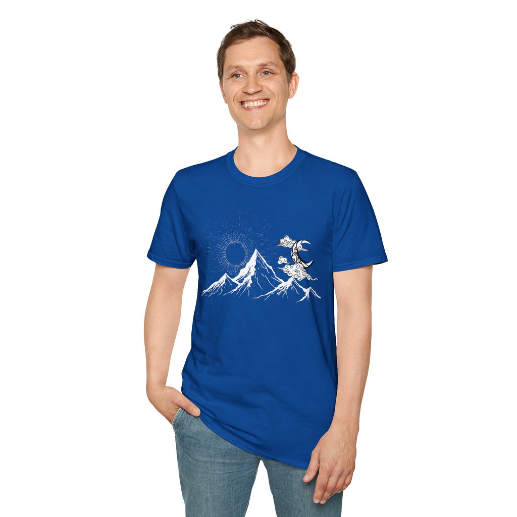 Mountain Nightscape T-Shirt — Solar Eclipse & Moonlit Peaks Graphic Tee