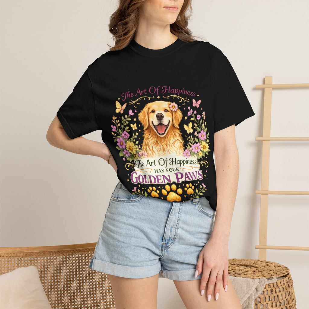 Golden Retriever T-Shirt — "The Art of Happiness Has Four Golden Paws" Floral Dog Tee