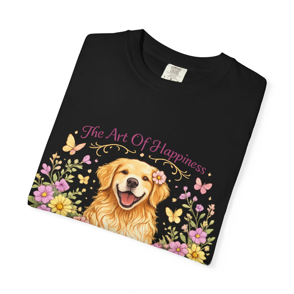 Golden Retriever T-Shirt — "The Art of Happiness Has Four Golden Paws" Floral Dog Tee