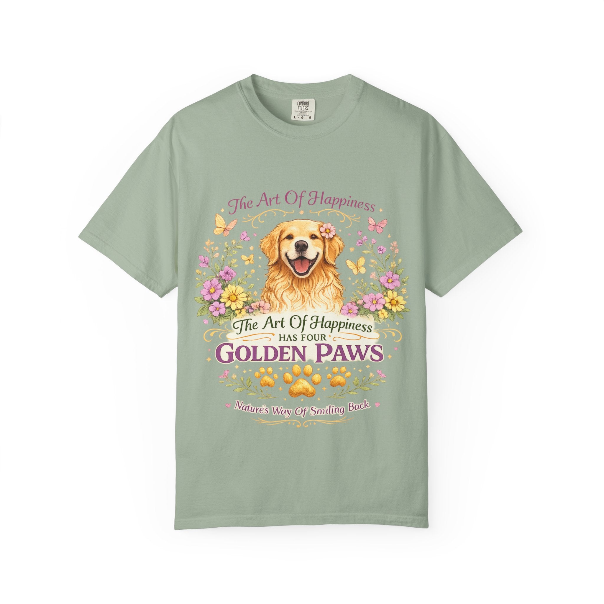 Golden Retriever T-Shirt — "The Art of Happiness Has Four Golden Paws" Floral Dog Tee