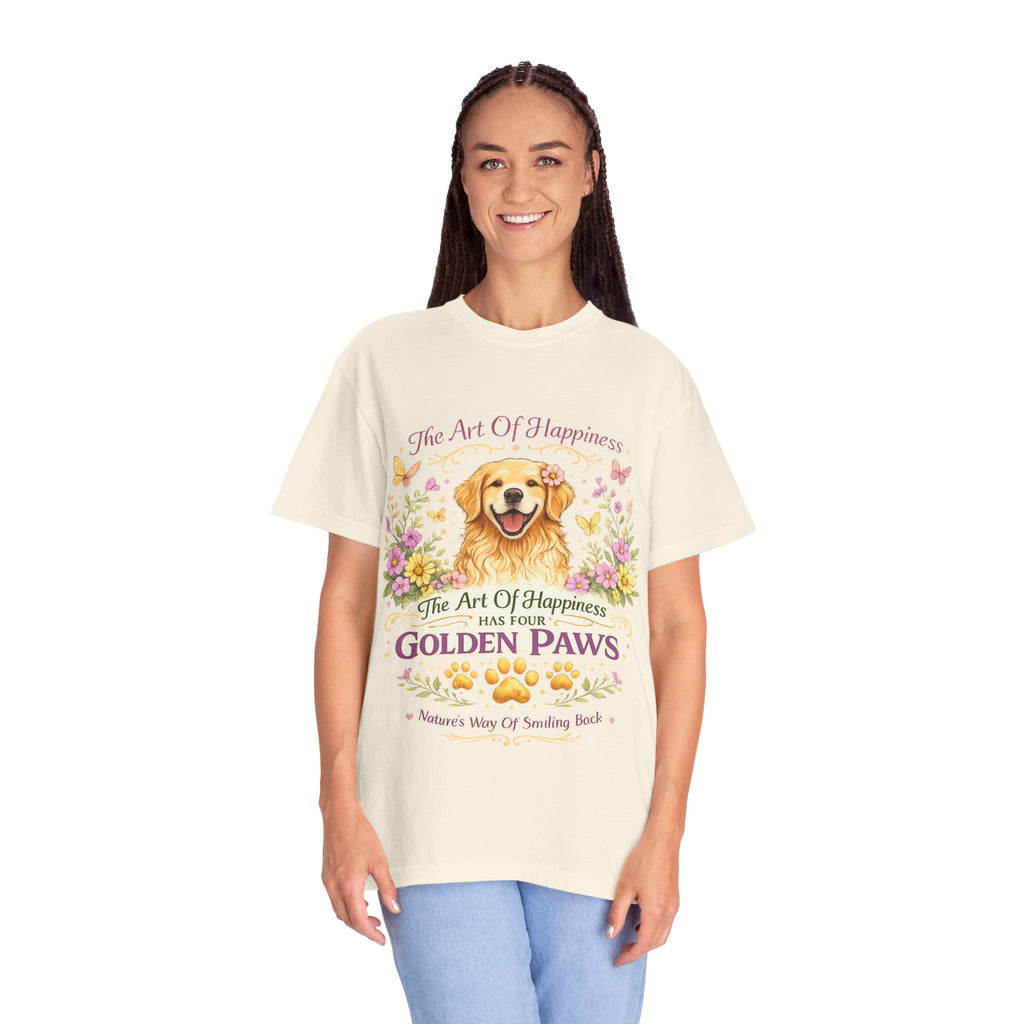 Golden Retriever T-Shirt — "The Art of Happiness Has Four Golden Paws" Floral Dog Tee-T-Shirt-[Everwave Co Apparel