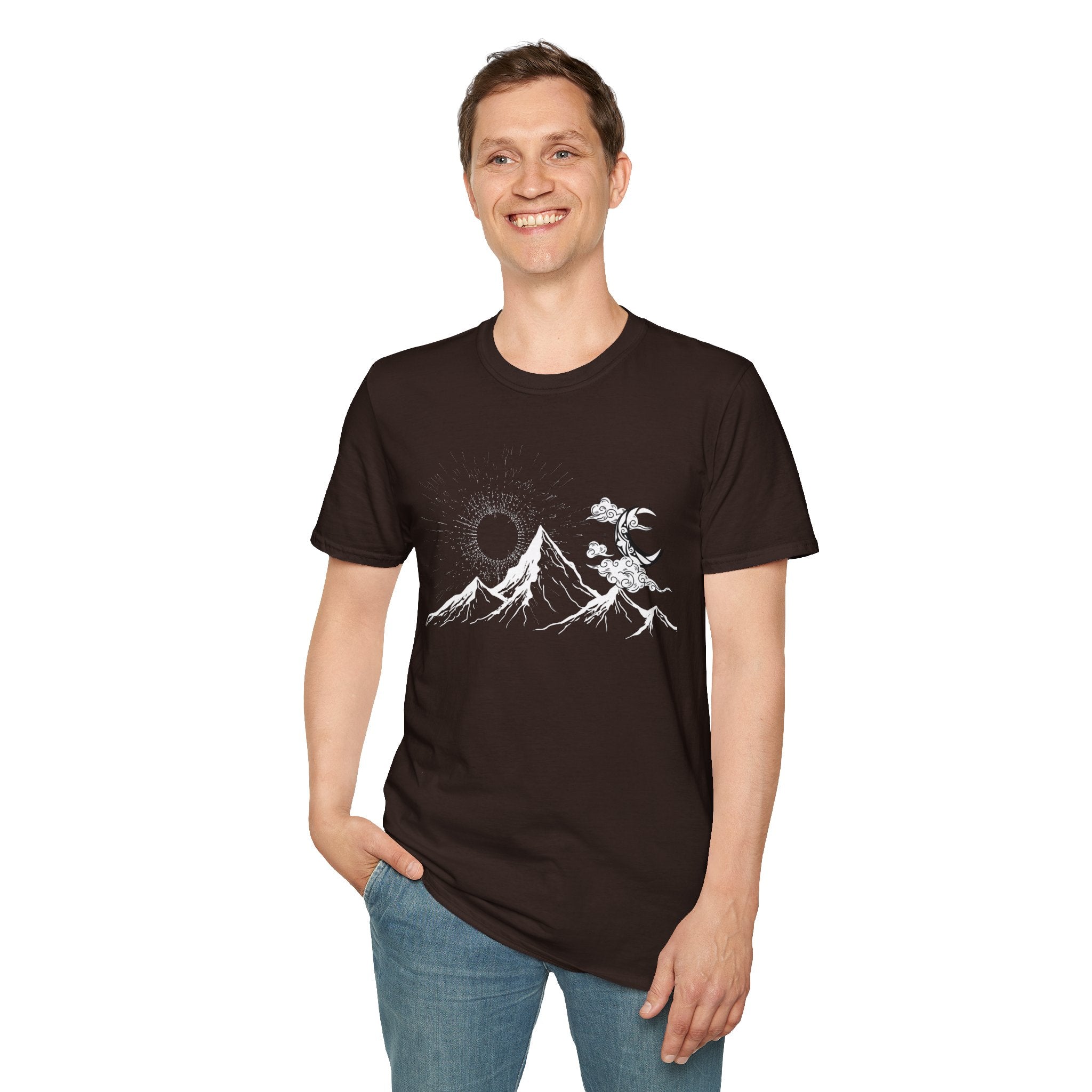 Mountain Nightscape T-Shirt — Solar Eclipse & Moonlit Peaks Graphic Tee