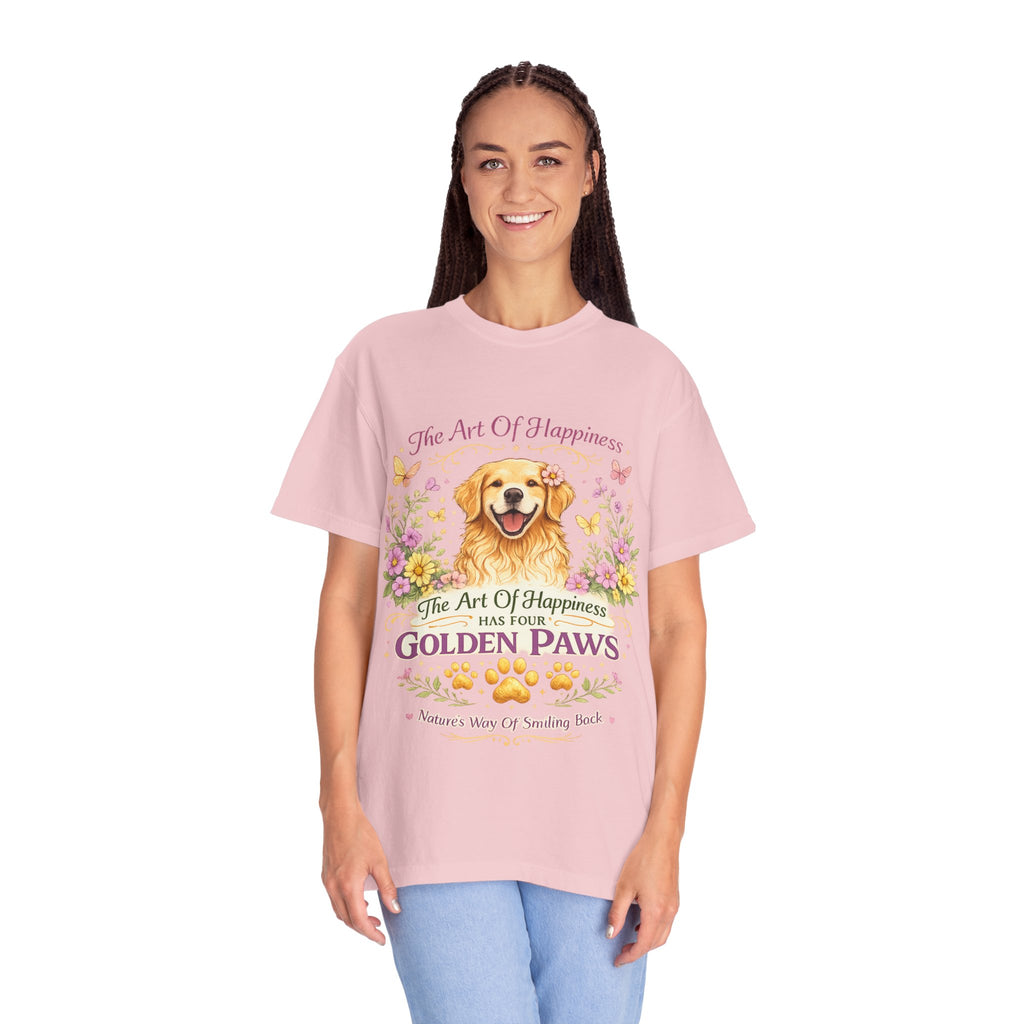 Golden Retriever T-Shirt — "The Art of Happiness Has Four Golden Paws" Floral Dog Tee-T-Shirt-[Everwave Co Apparel