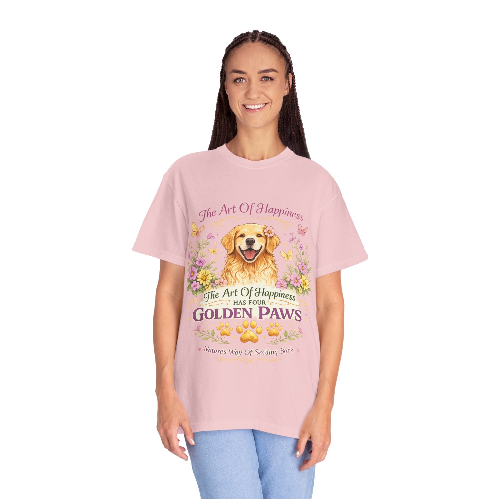 Golden Retriever T-Shirt — "The Art of Happiness Has Four Golden Paws" Floral Dog Tee-T-Shirt-[Everwave Co Apparel