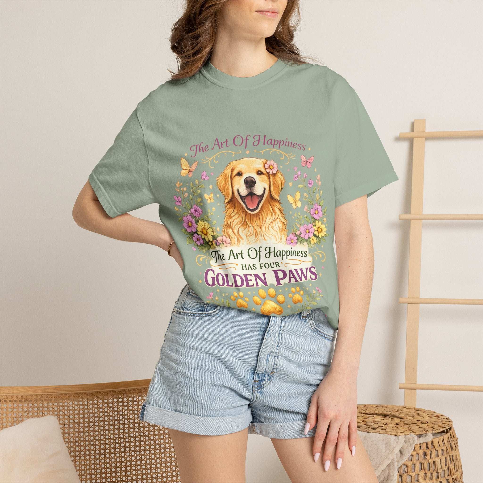 Golden Retriever T-Shirt — "The Art of Happiness Has Four Golden Paws" Floral Dog Tee