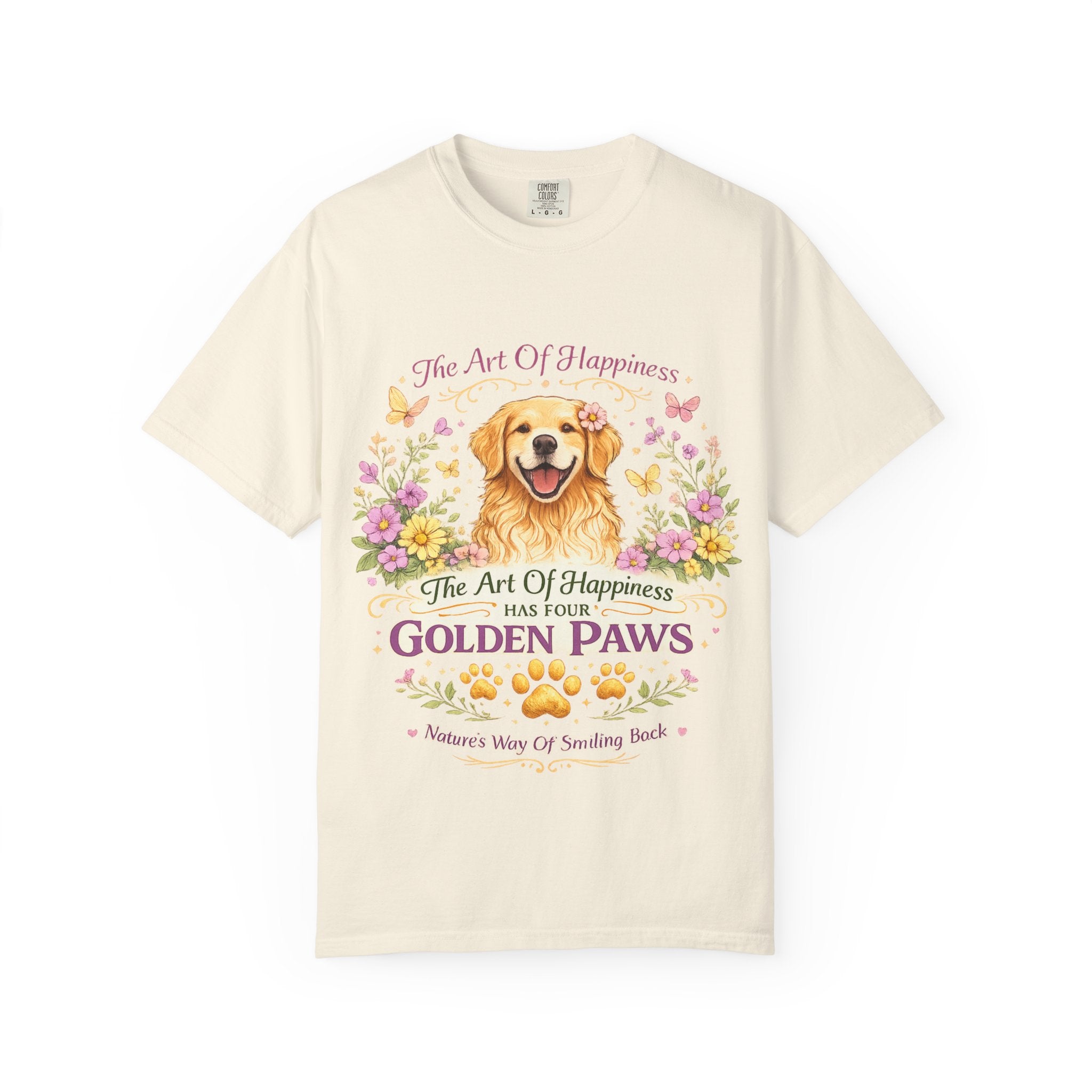 Golden Retriever T-Shirt — "The Art of Happiness Has Four Golden Paws" Floral Dog Tee
