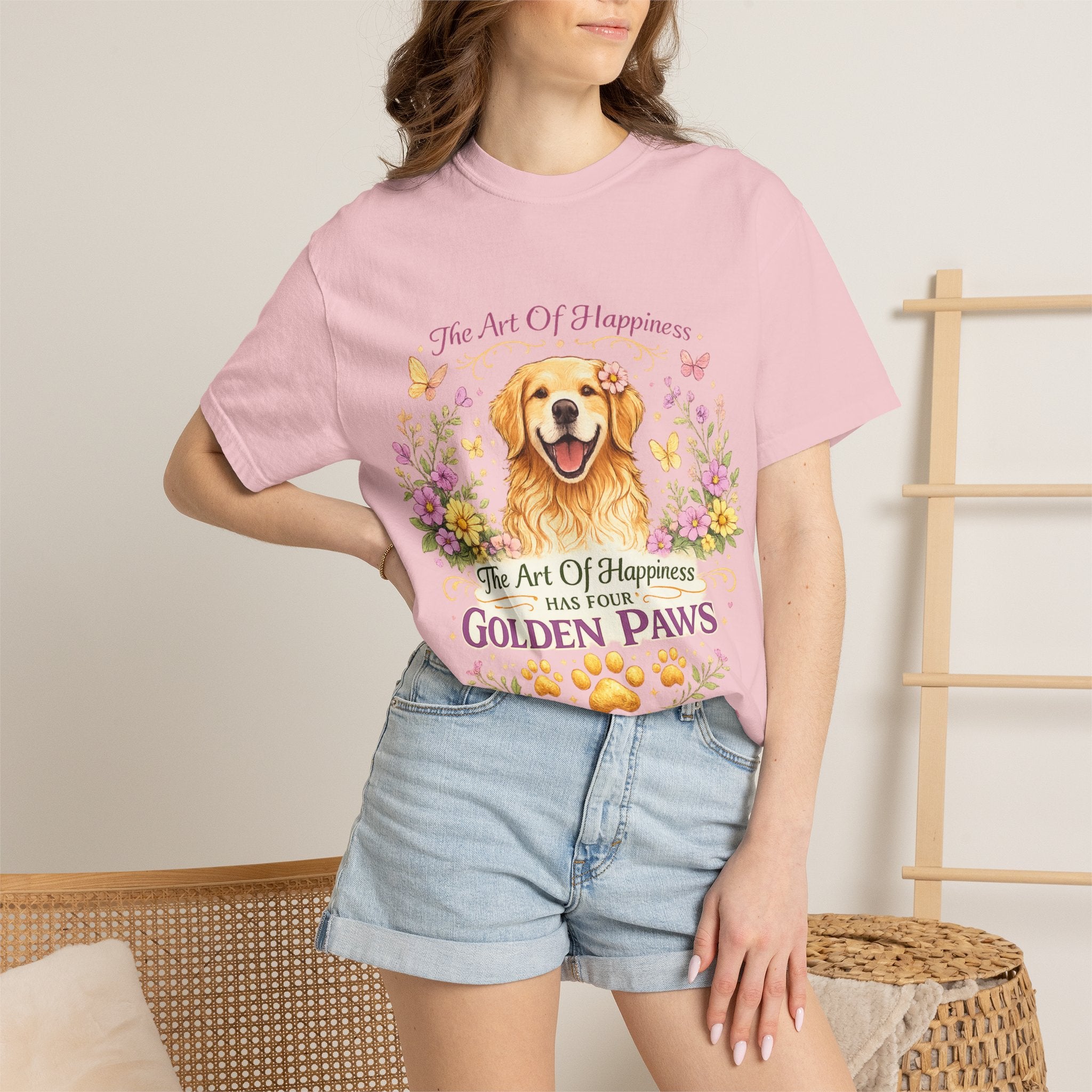 Golden Retriever T-Shirt — "The Art of Happiness Has Four Golden Paws" Floral Dog Tee