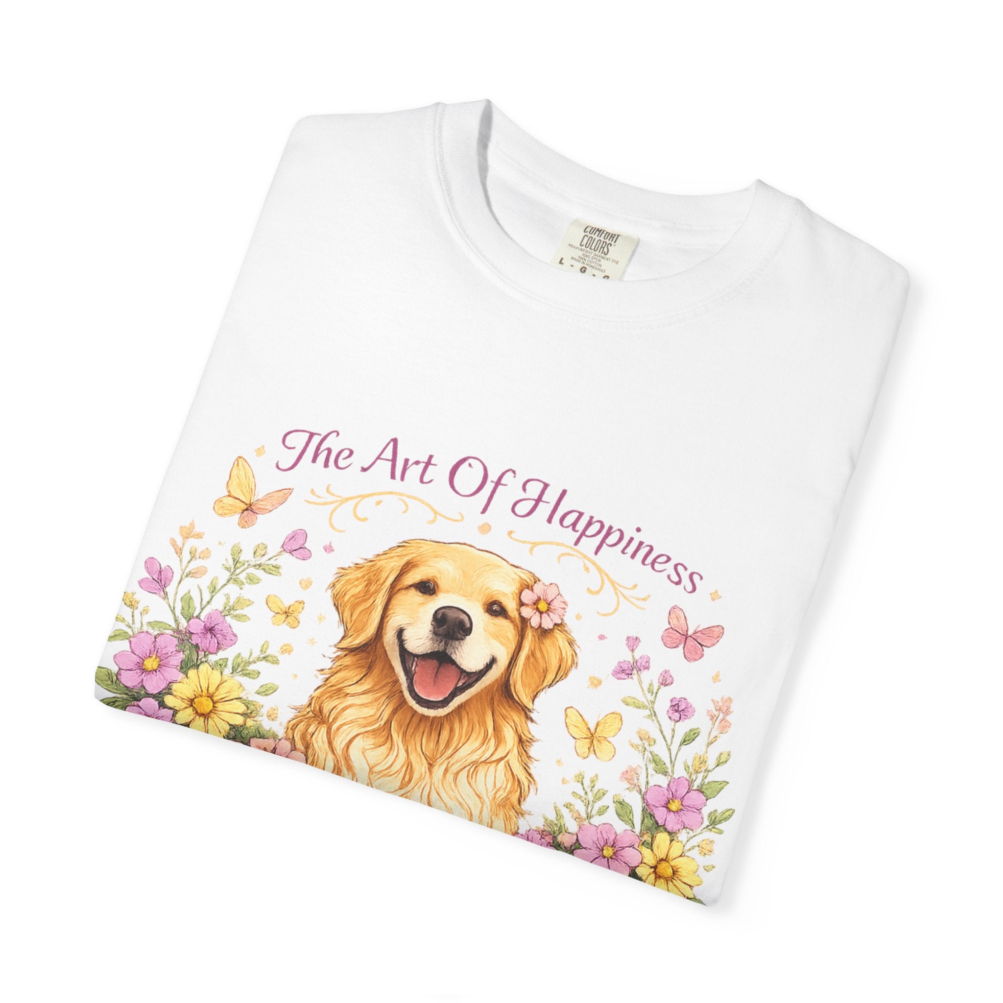 Golden Retriever T-Shirt — "The Art of Happiness Has Four Golden Paws" Floral Dog Tee
