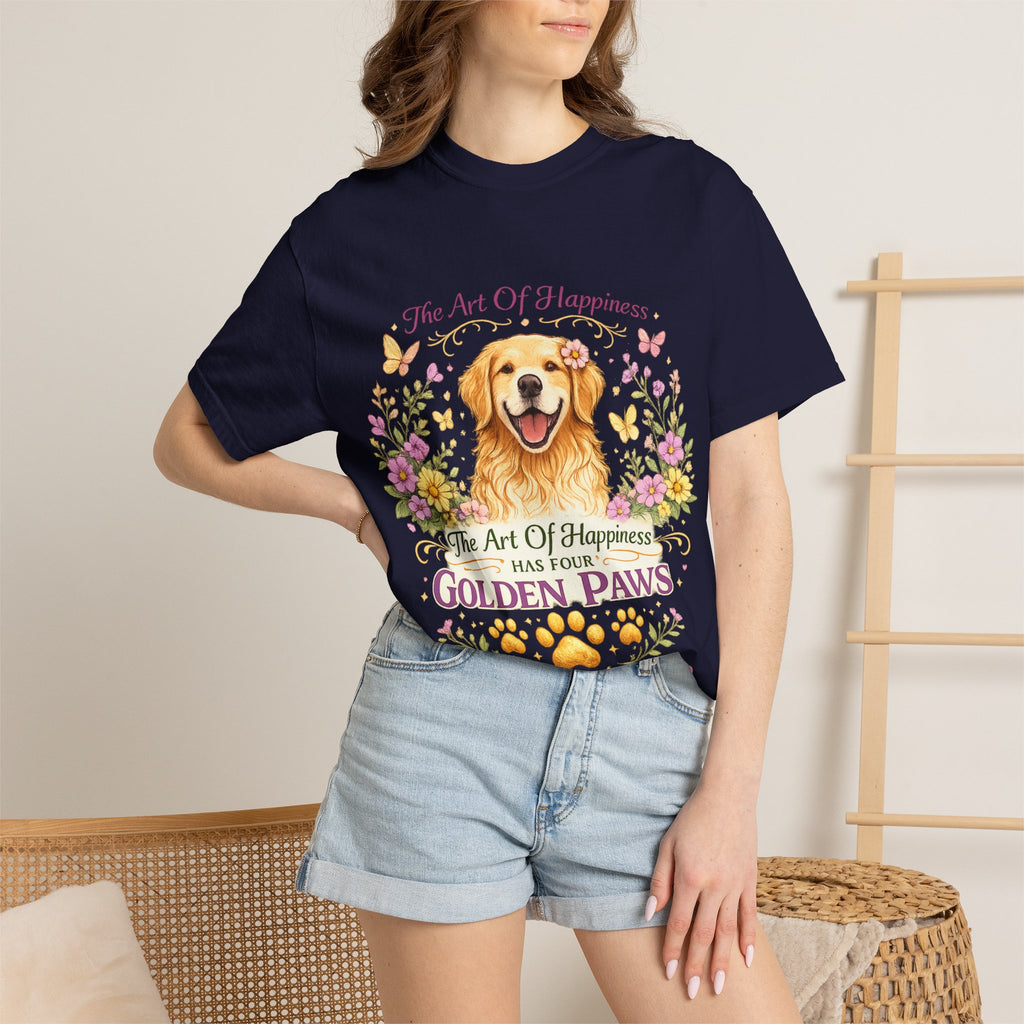 Golden Retriever T-Shirt — "The Art of Happiness Has Four Golden Paws" Floral Dog Tee