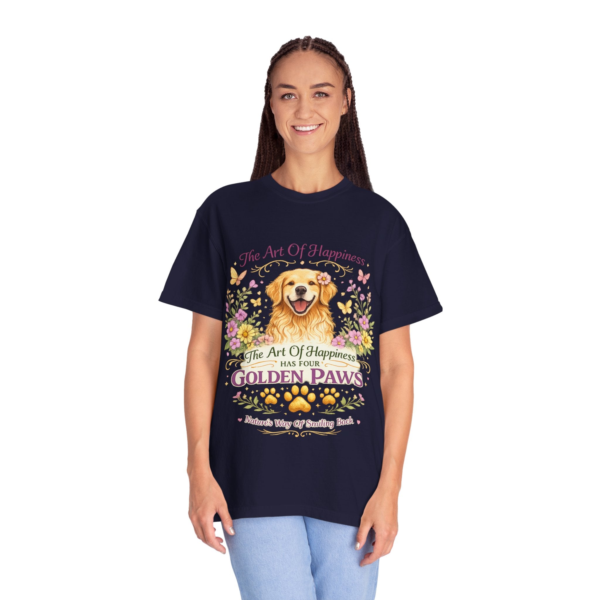 Golden Retriever T-Shirt — "The Art of Happiness Has Four Golden Paws" Floral Dog Tee-T-Shirt-[Everwave Co Apparel