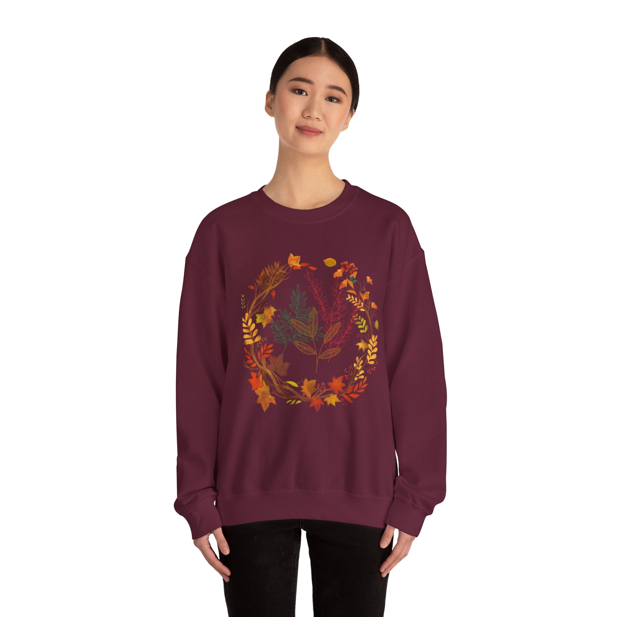 Autumn Floral Wreath Sweatshirt — Cozy Fall Leaves Crewneck