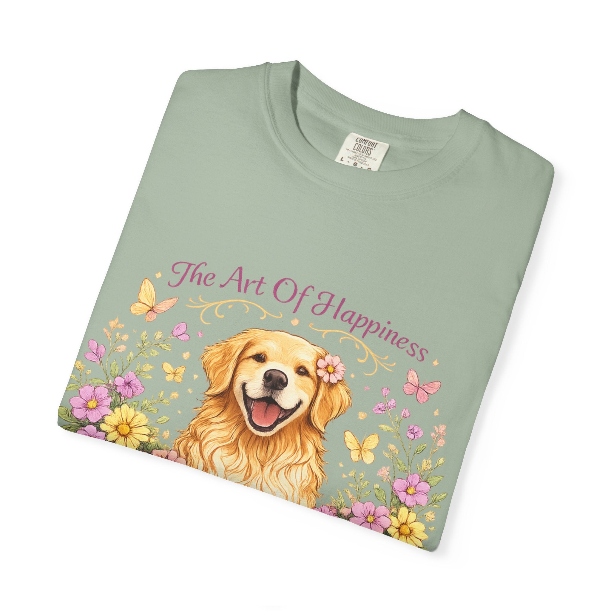 Golden Retriever T-Shirt — "The Art of Happiness Has Four Golden Paws" Floral Dog Tee