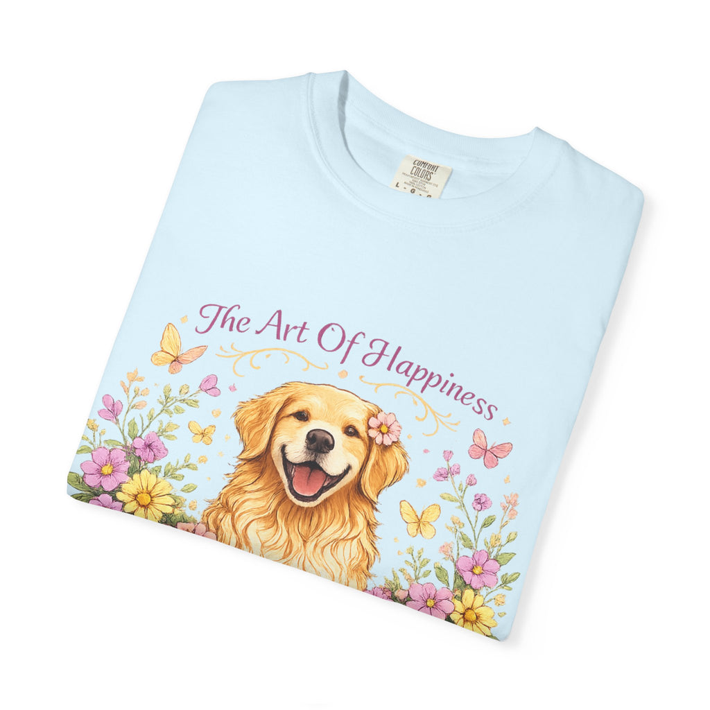 Golden Retriever T-Shirt — "The Art of Happiness Has Four Golden Paws" Floral Dog Tee