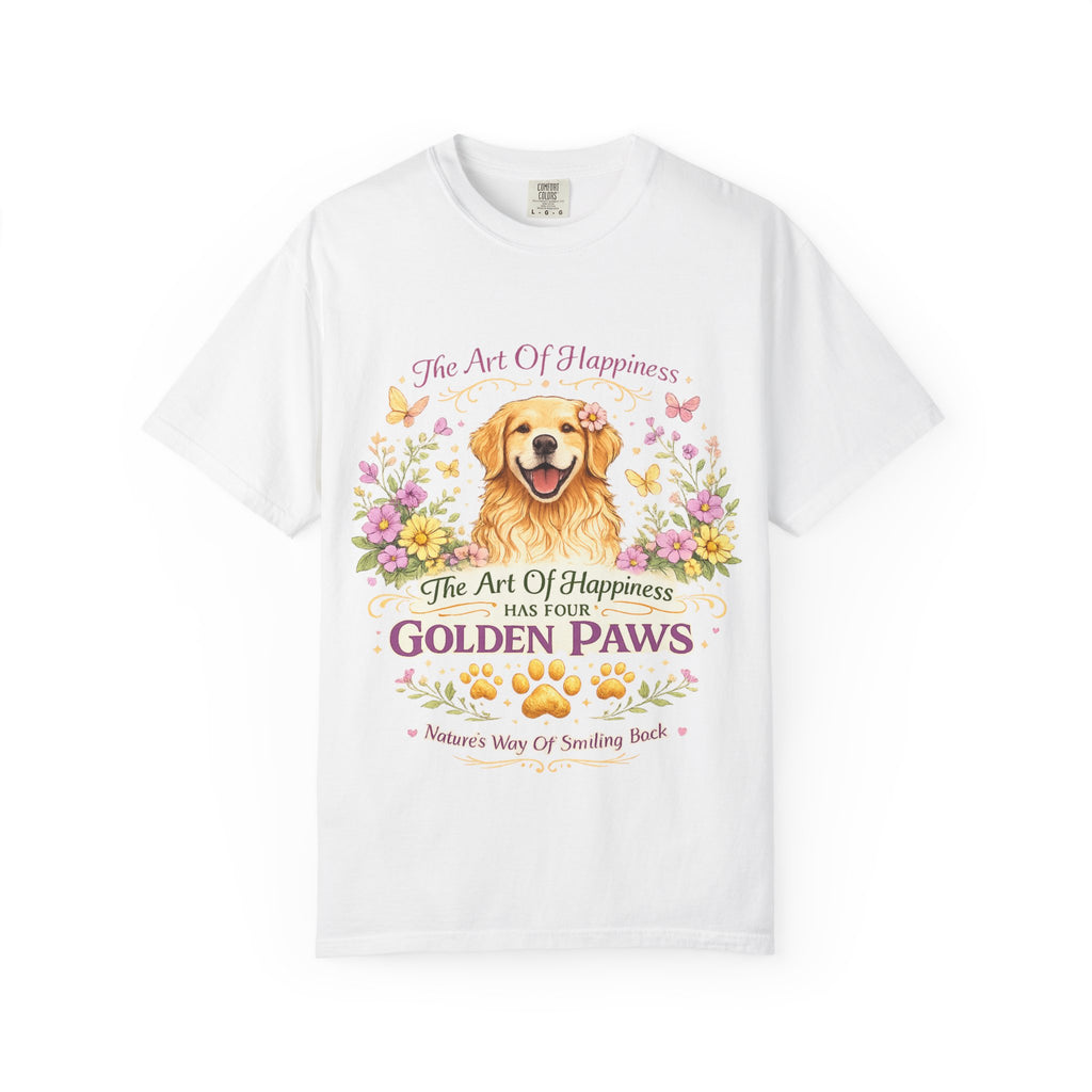 Golden Retriever T-Shirt — "The Art of Happiness Has Four Golden Paws" Floral Dog Tee