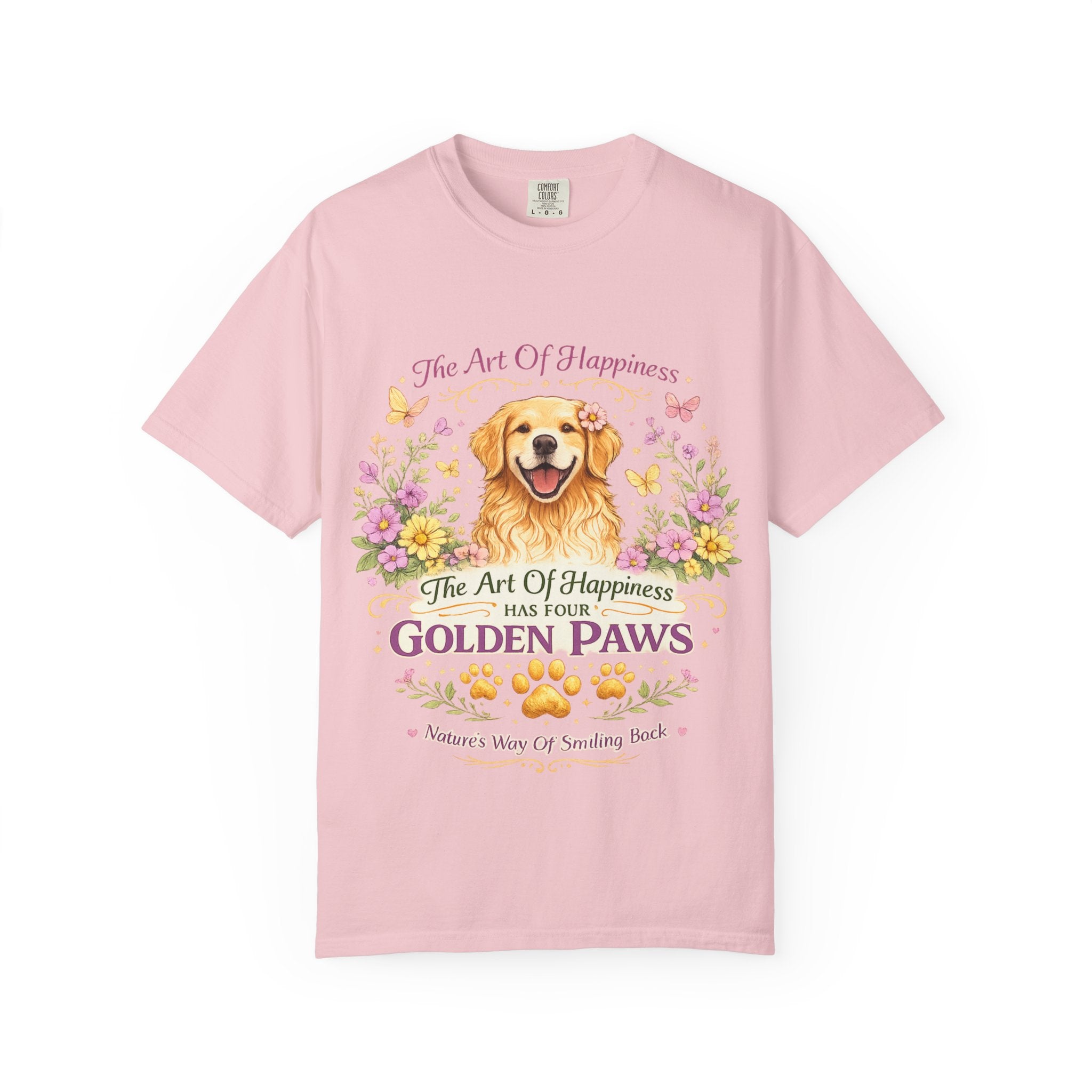 Golden Retriever T-Shirt — "The Art of Happiness Has Four Golden Paws" Floral Dog Tee