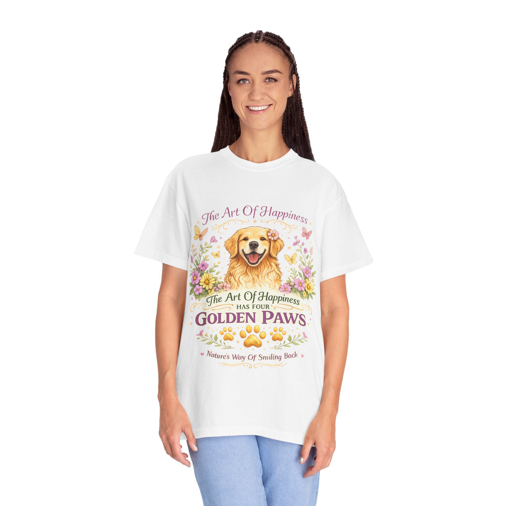 Golden Retriever T-Shirt — "The Art of Happiness Has Four Golden Paws" Floral Dog Tee-T-Shirt-[Everwave Co Apparel