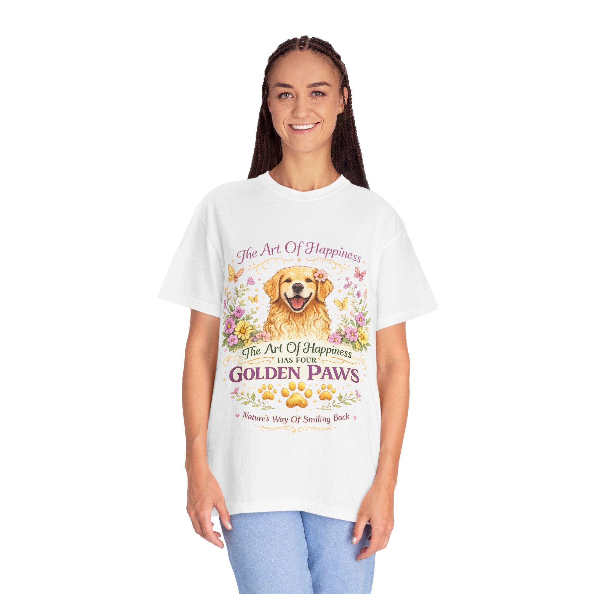 Golden Retriever T-Shirt — "The Art of Happiness Has Four Golden Paws" Floral Dog Tee-T-Shirt-[Everwave Co Apparel