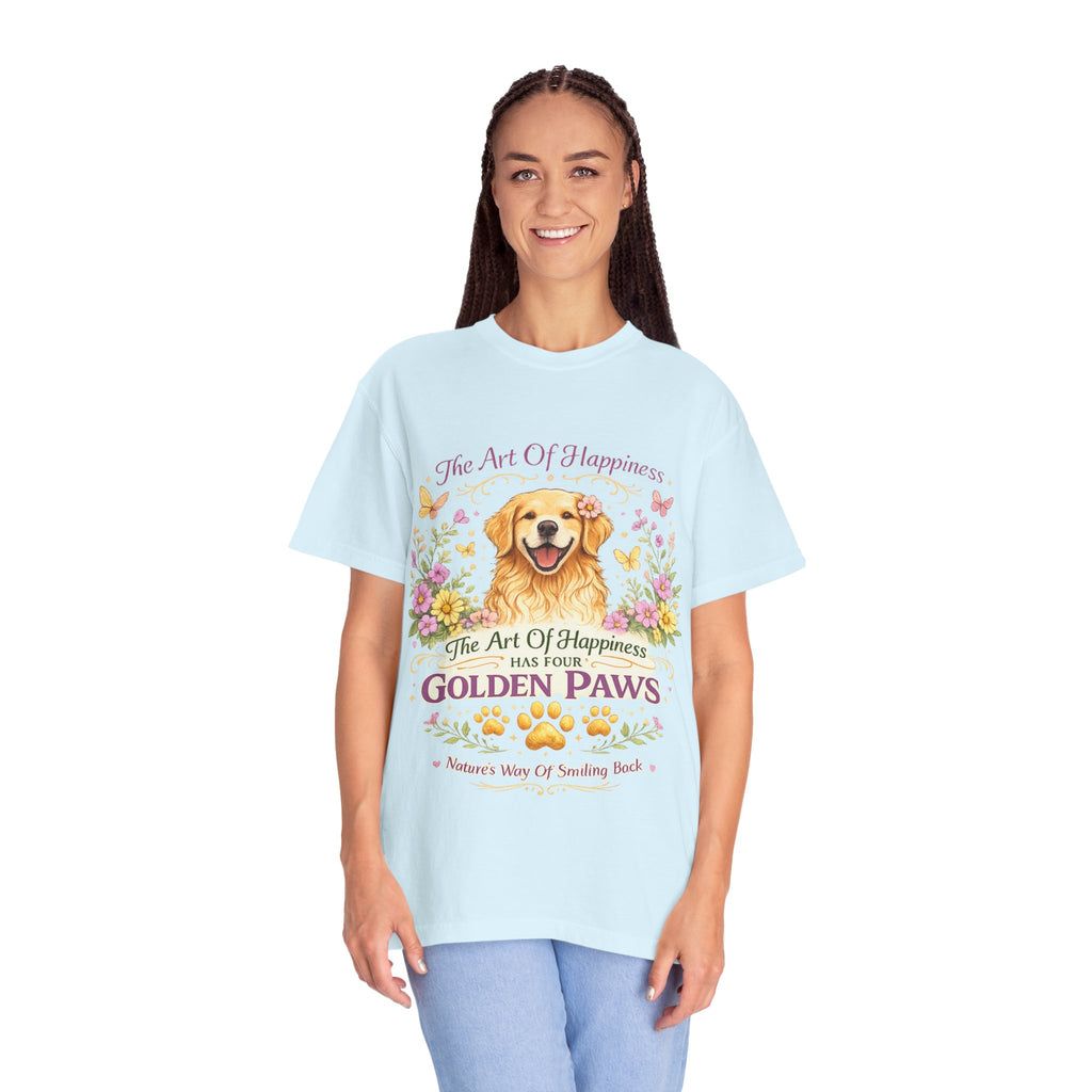 Golden Retriever T-Shirt — "The Art of Happiness Has Four Golden Paws" Floral Dog Tee-T-Shirt-[Everwave Co Apparel