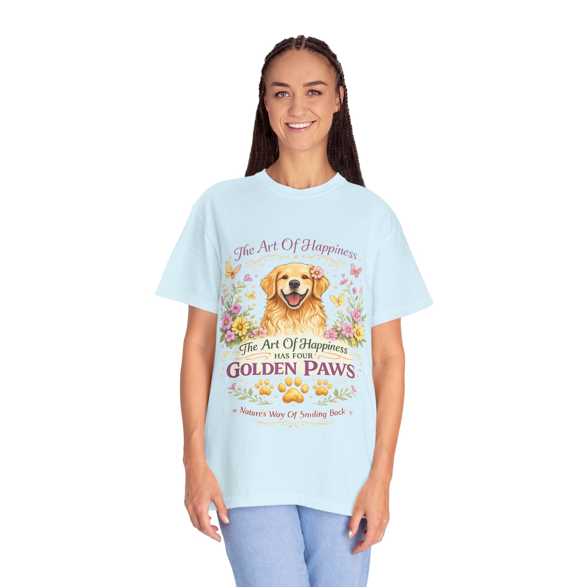 Golden Retriever T-Shirt — "The Art of Happiness Has Four Golden Paws" Floral Dog Tee-T-Shirt-[Everwave Co Apparel