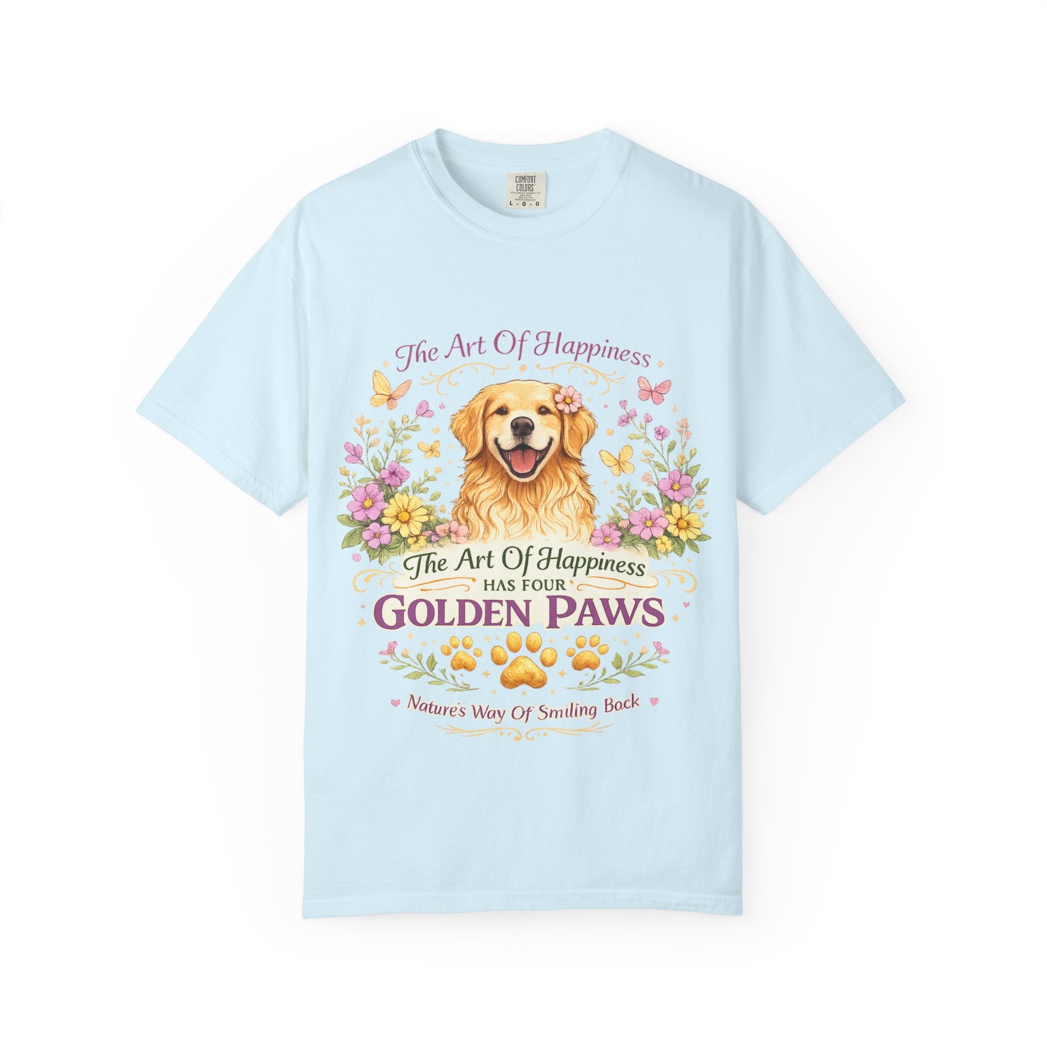 Golden Retriever T-Shirt — "The Art of Happiness Has Four Golden Paws" Floral Dog Tee