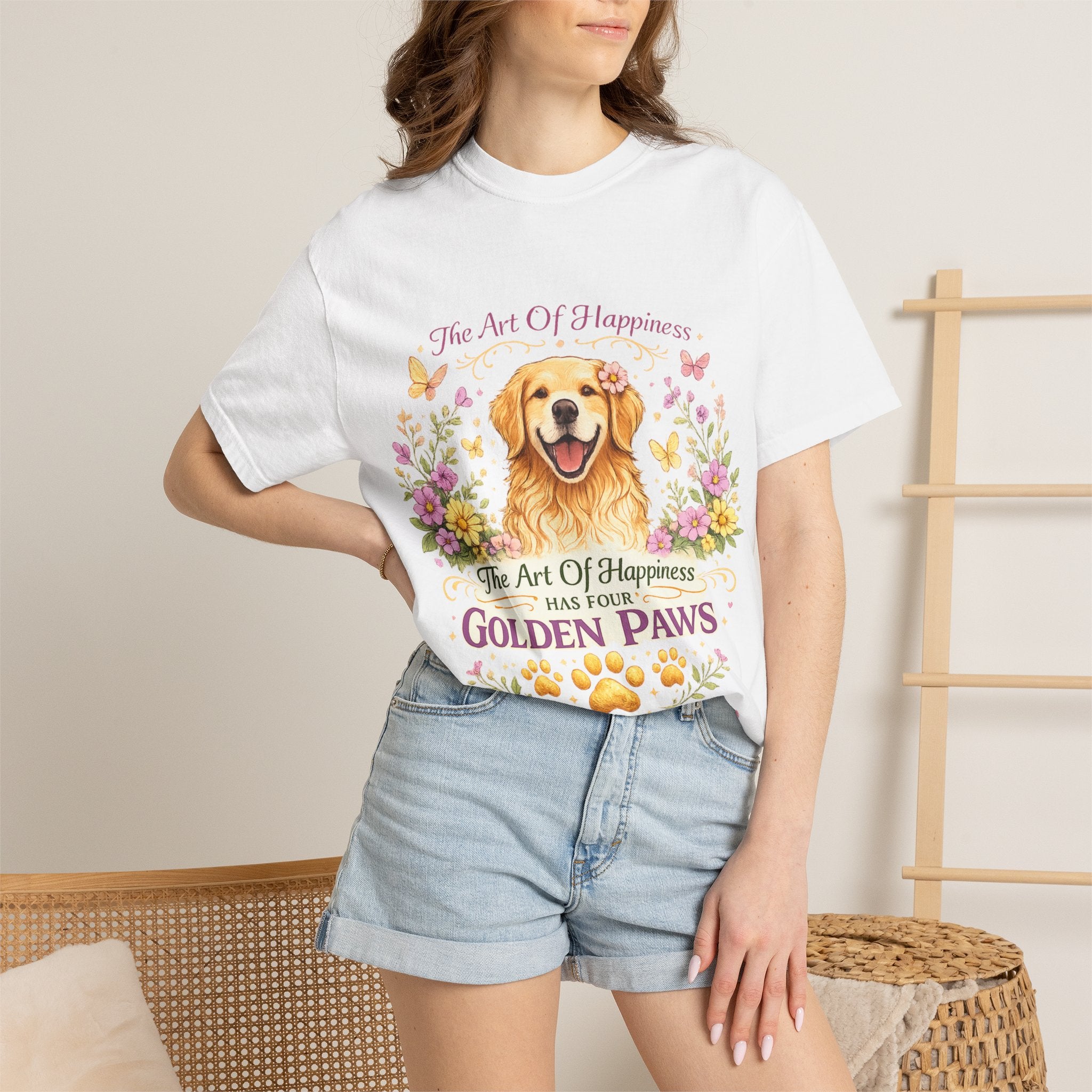 Golden Retriever T-Shirt — "The Art of Happiness Has Four Golden Paws" Floral Dog Tee