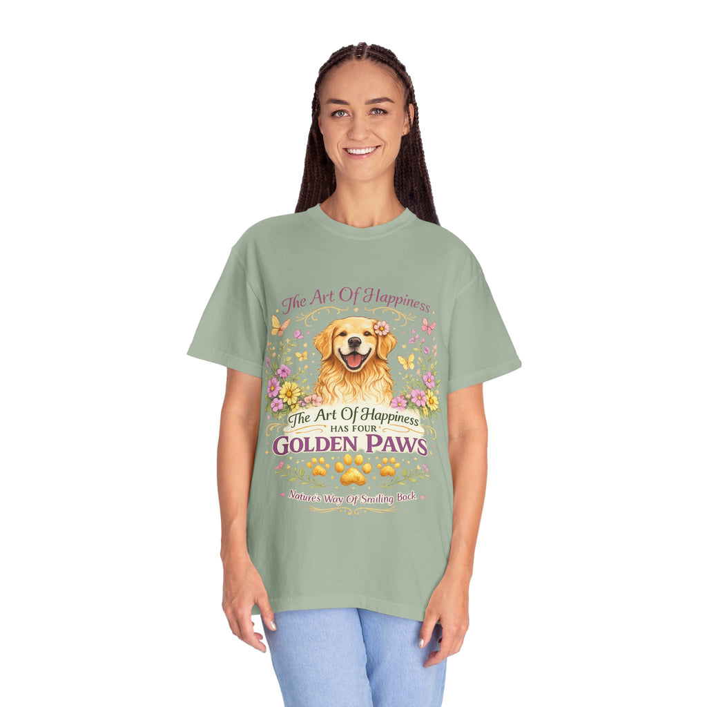 Golden Retriever T-Shirt — "The Art of Happiness Has Four Golden Paws" Floral Dog Tee-T-Shirt-[Everwave Co Apparel
