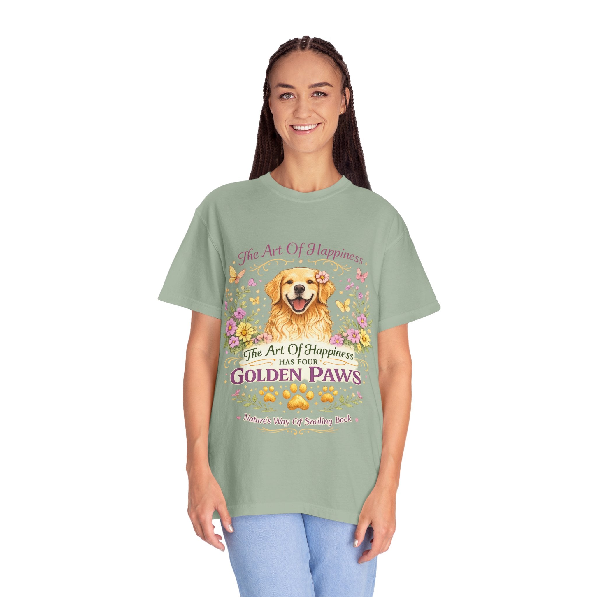Golden Retriever T-Shirt — "The Art of Happiness Has Four Golden Paws" Floral Dog Tee-T-Shirt-[Everwave Co Apparel