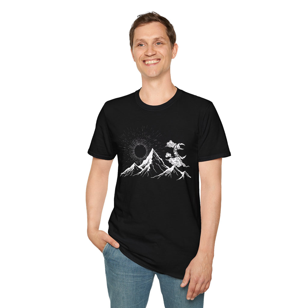 Mountain Nightscape T-Shirt — Solar Eclipse & Moonlit Peaks Graphic Tee
