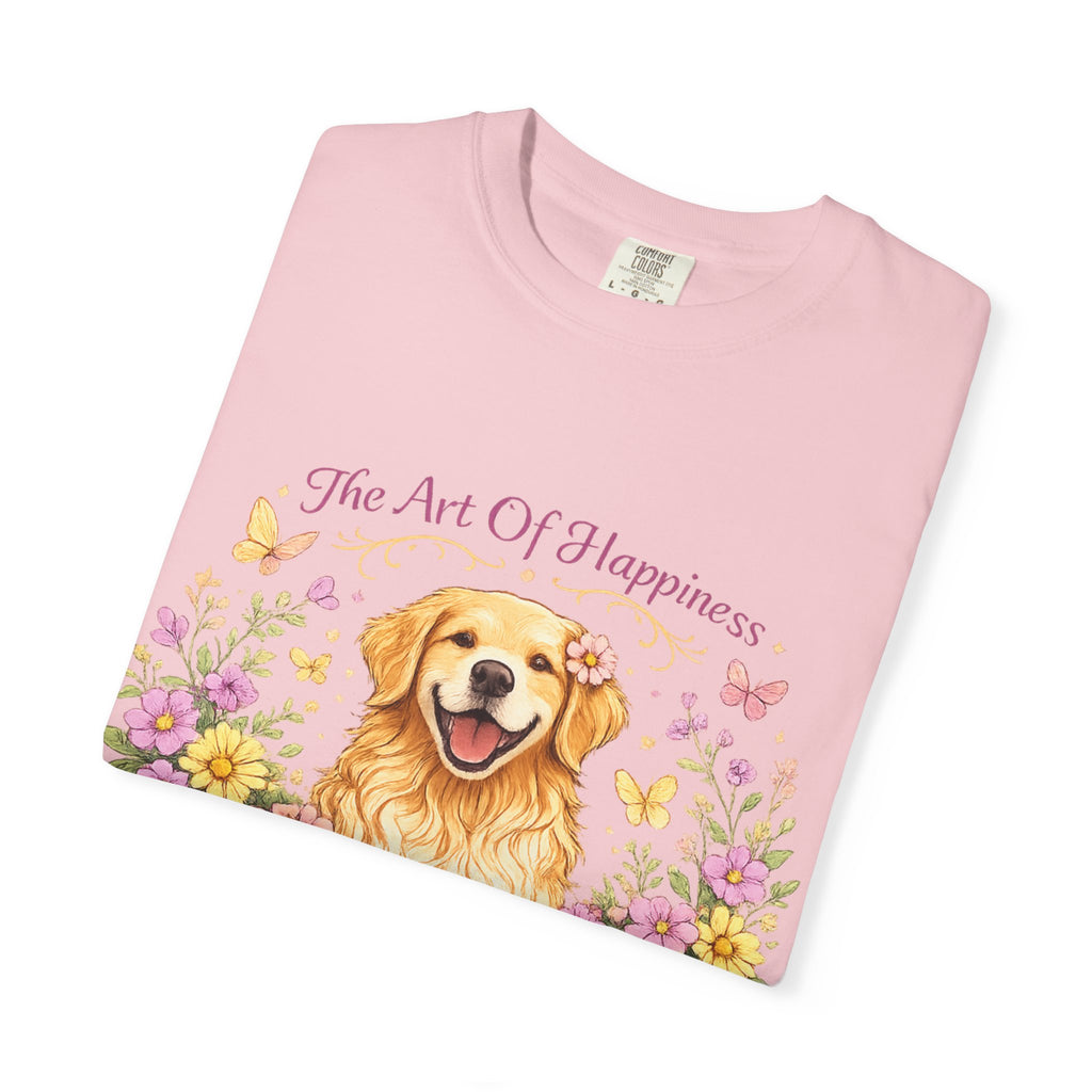 Golden Retriever T-Shirt — "The Art of Happiness Has Four Golden Paws" Floral Dog Tee
