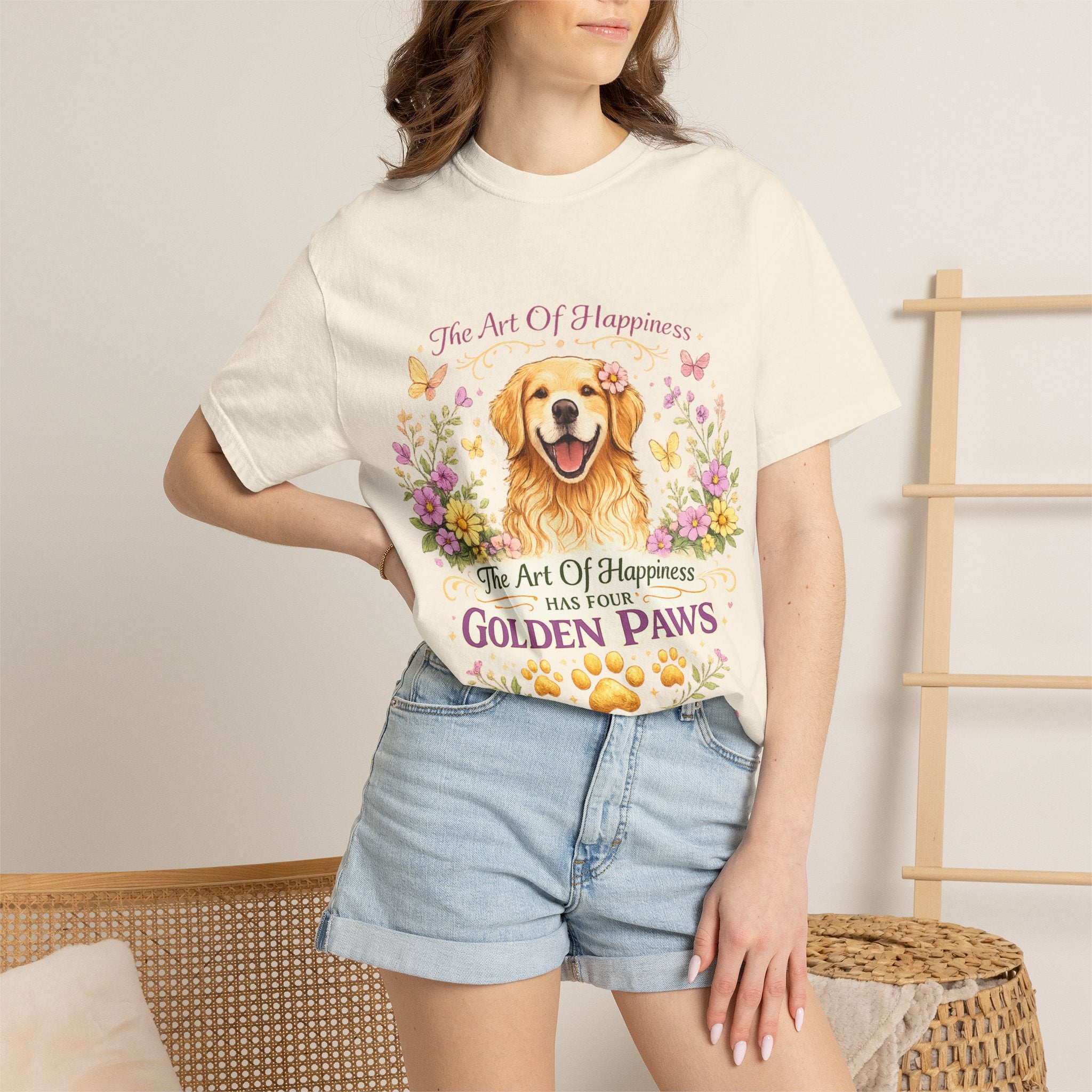 Golden Retriever T-Shirt — "The Art of Happiness Has Four Golden Paws" Floral Dog Tee