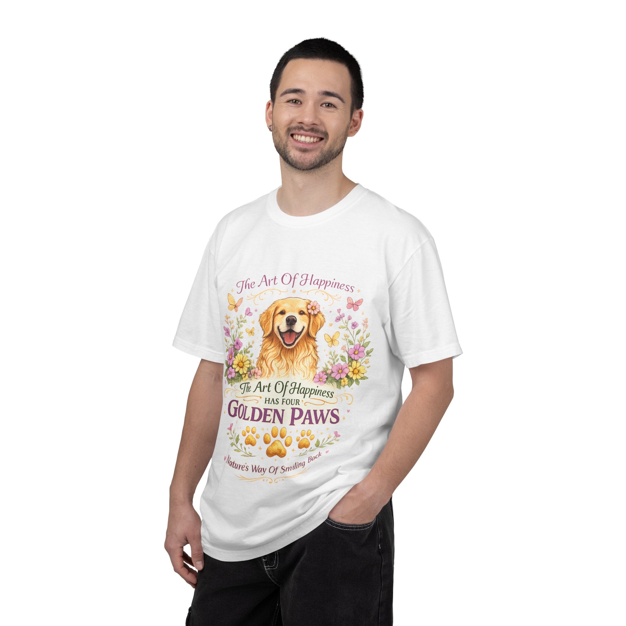 Golden Retriever T-Shirt — "The Art of Happiness Has Four Golden Paws" Floral Dog Tee-T-Shirt-[Everwave Co Apparel