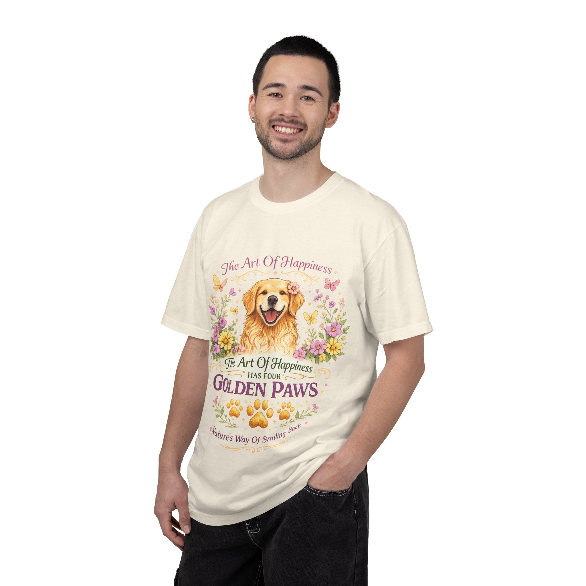 Golden Retriever T-Shirt — "The Art of Happiness Has Four Golden Paws" Floral Dog Tee-T-Shirt-[Everwave Co Apparel