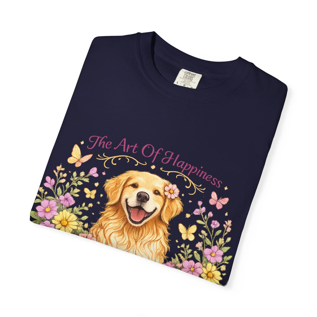 Golden Retriever T-Shirt — "The Art of Happiness Has Four Golden Paws" Floral Dog Tee