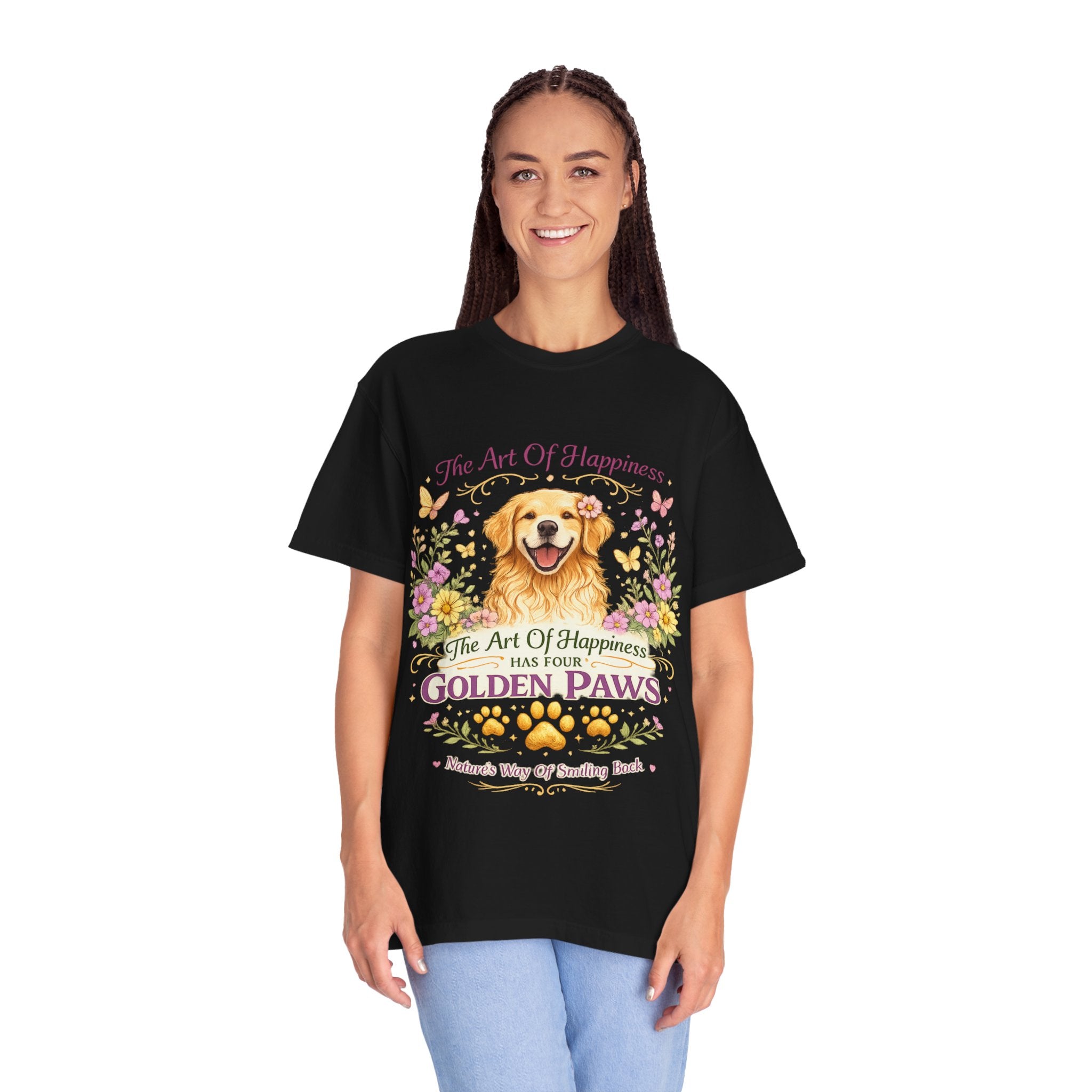 Golden Retriever T-Shirt — "The Art of Happiness Has Four Golden Paws" Floral Dog Tee-T-Shirt-[Everwave Co Apparel