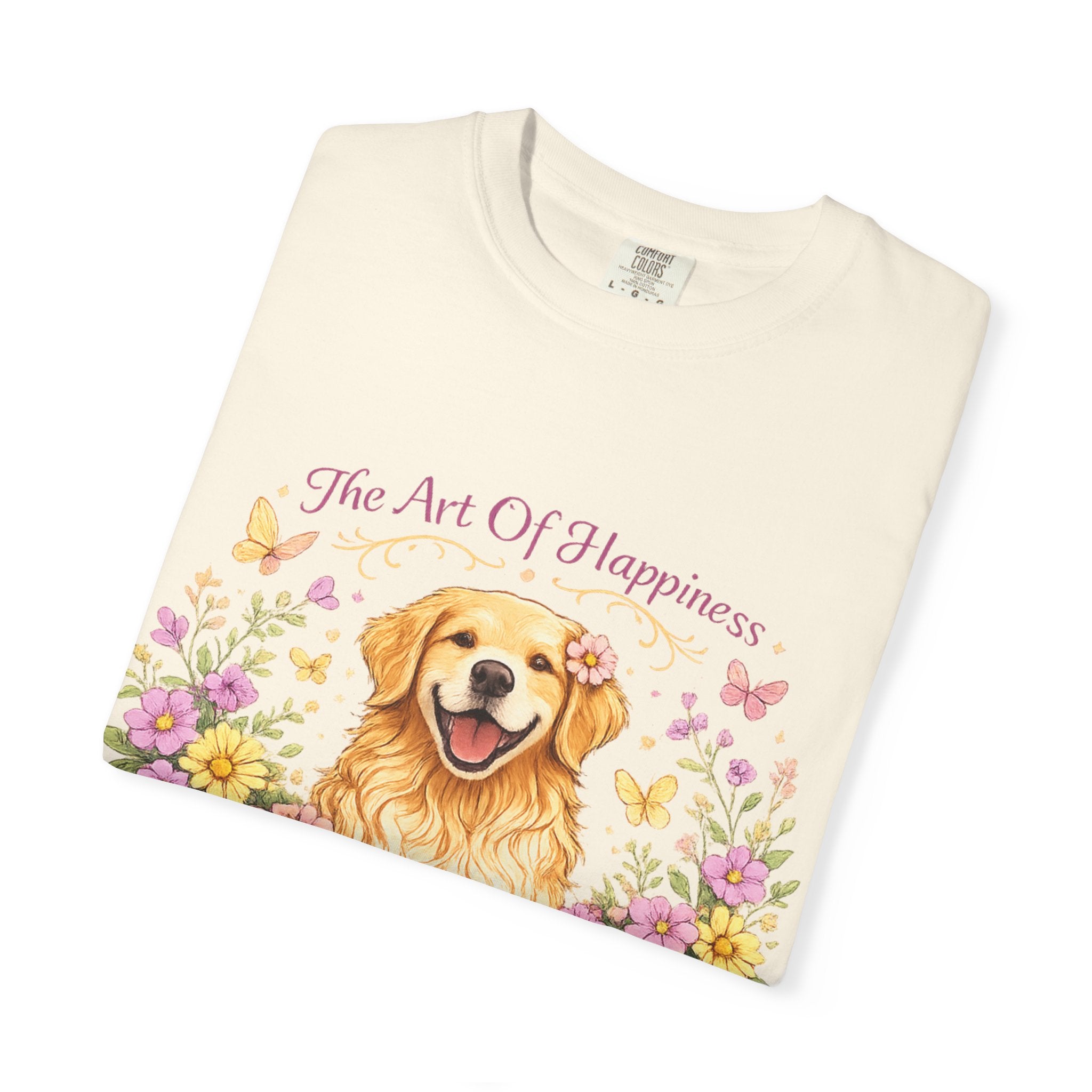 Golden Retriever T-Shirt — "The Art of Happiness Has Four Golden Paws" Floral Dog Tee