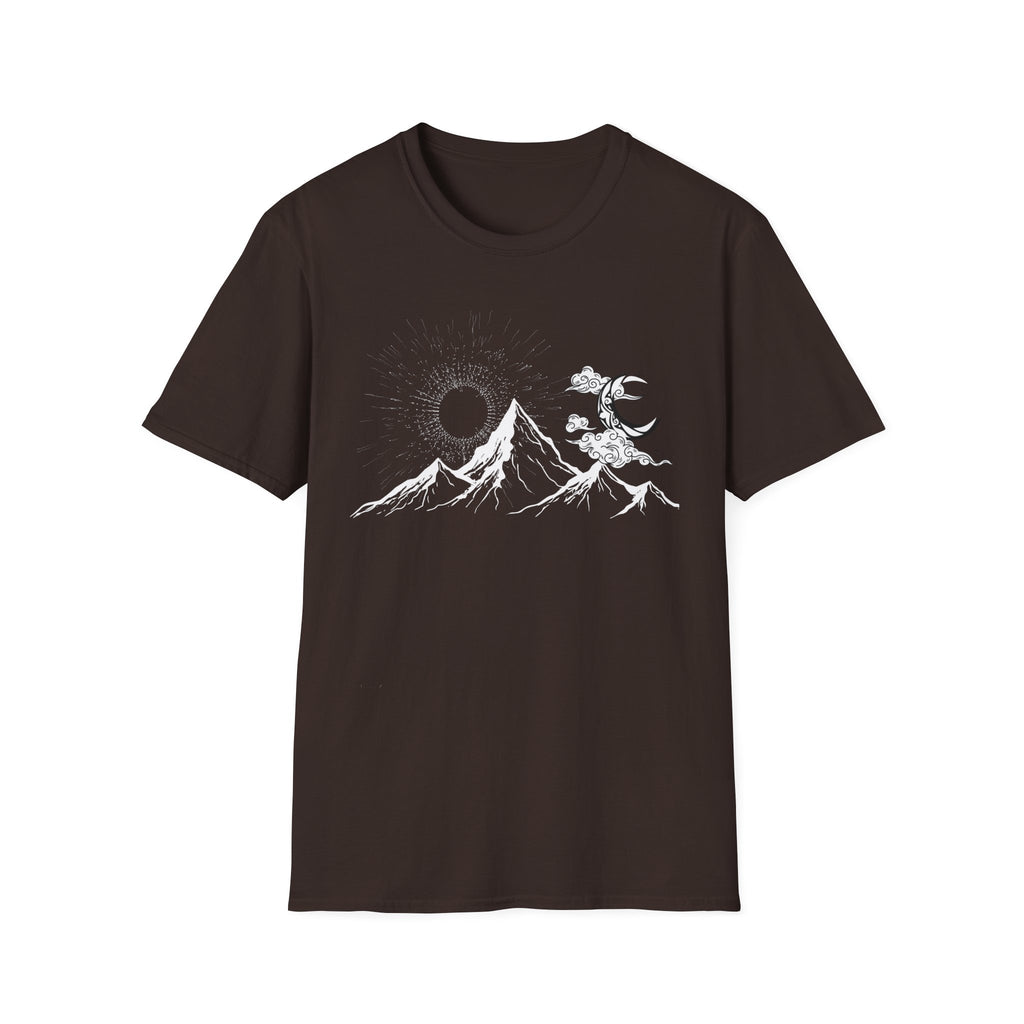 Mountain Nightscape T-Shirt — Solar Eclipse & Moonlit Peaks Graphic Tee