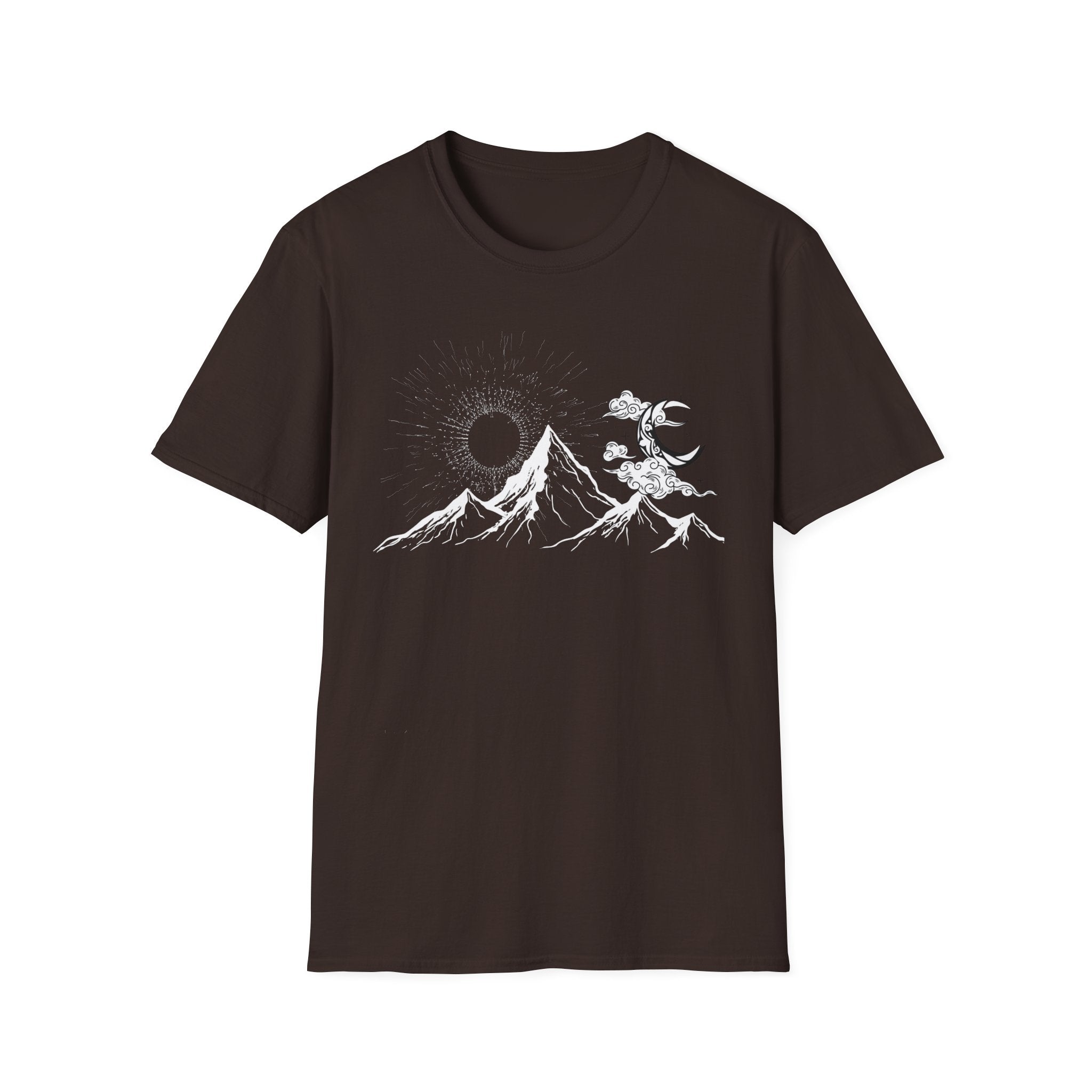 Mountain Nightscape T-Shirt — Solar Eclipse & Moonlit Peaks Graphic Tee
