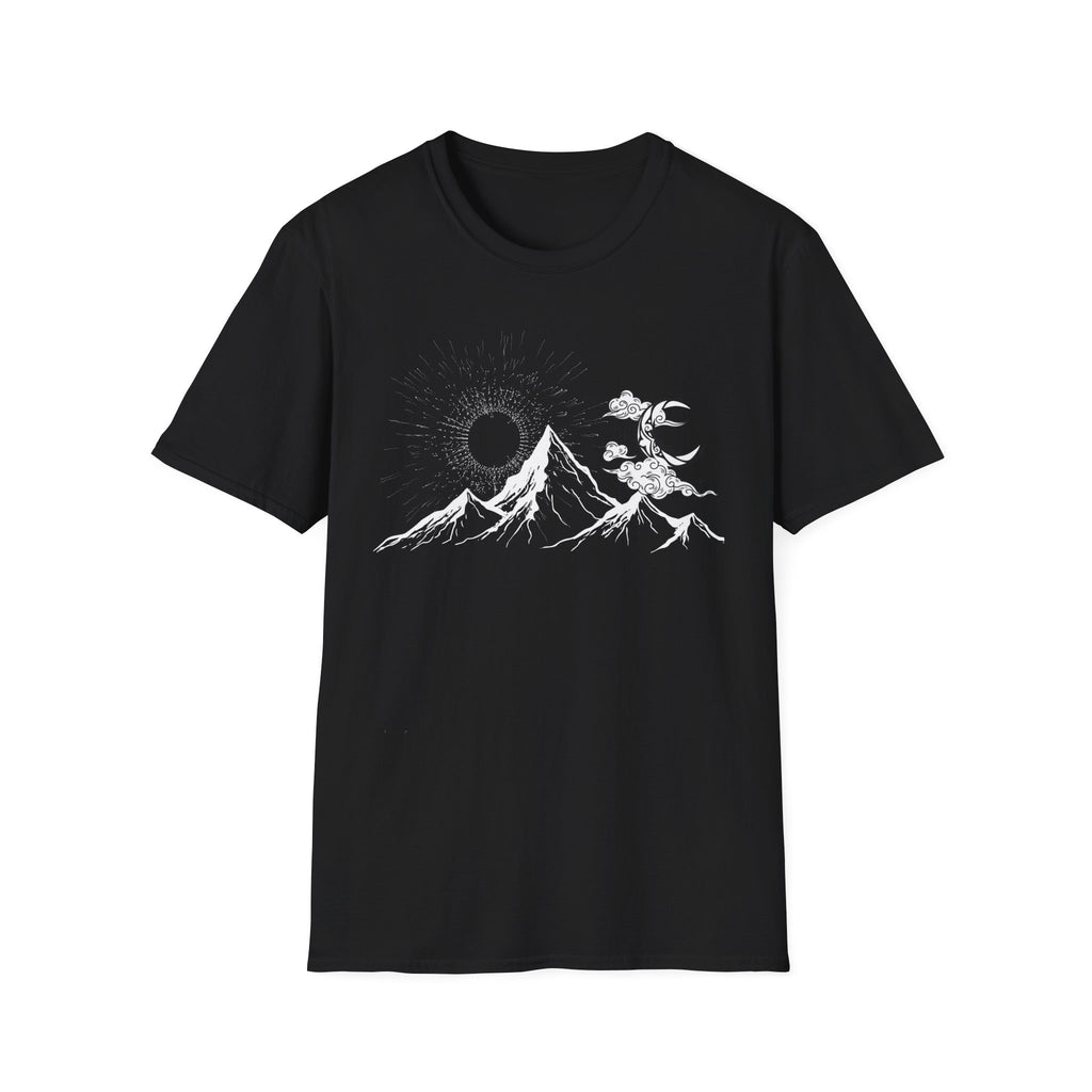 Mountain Nightscape T-Shirt — Solar Eclipse & Moonlit Peaks Graphic Tee