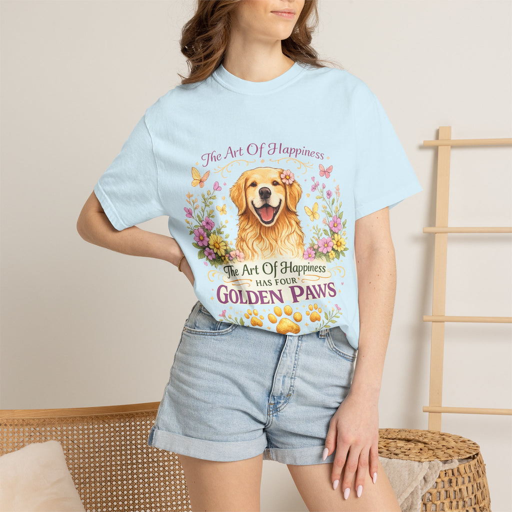 Golden Retriever T-Shirt — "The Art of Happiness Has Four Golden Paws" Floral Dog Tee