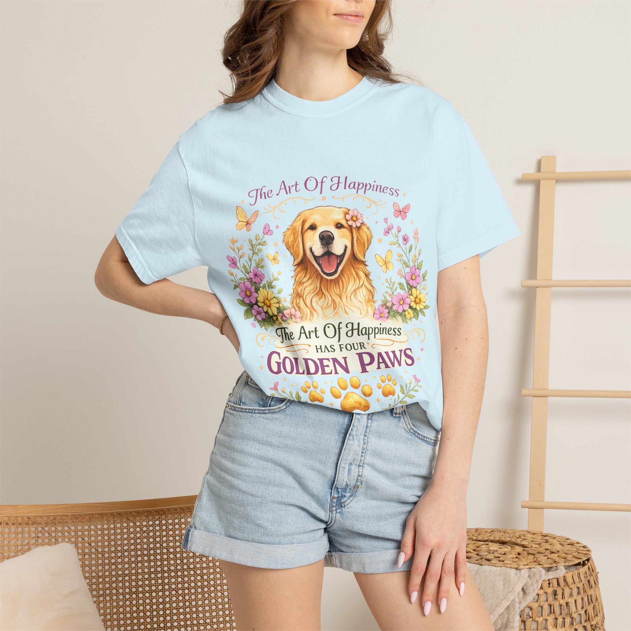 Golden Retriever T-Shirt — "The Art of Happiness Has Four Golden Paws" Floral Dog Tee