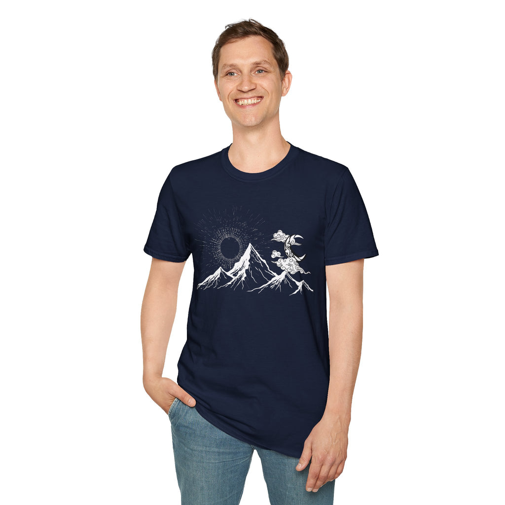 Mountain Nightscape T-Shirt — Solar Eclipse & Moonlit Peaks Graphic Tee
